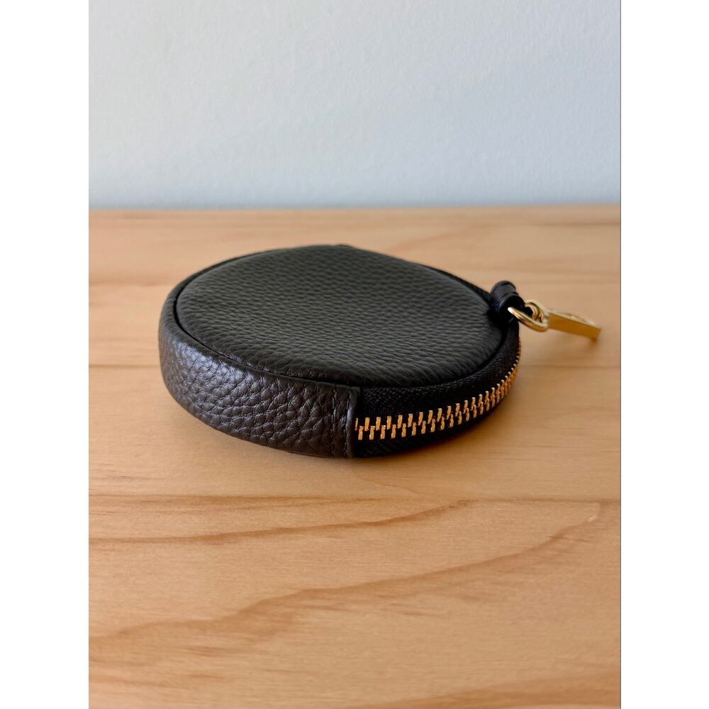 NEW Bandolier Mini Round Pouch Black Leather Gold Tone Hardware Bag Charm Flair - Picture 6 of 8